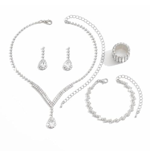 FDEETY Brautschmuck Set Hochzeit Kristall Halskette Armband Ohrringe Ring Abschlussball Brautparty Brautjungfer Schmuckset Verlobung Braut Geschenk für Freundin Mutter Ehefrau(Silber) von FDEETY