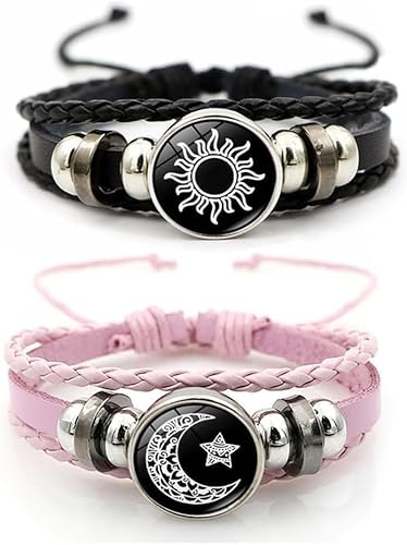 FDEETY Sonnenund Mondarmband Set 2 Stück handgefertigtes Lederarmband mit verstellbarem Verschluss Boho-Stil Armband für Damen und Herren modisches Schmuckstück von FDEETY
