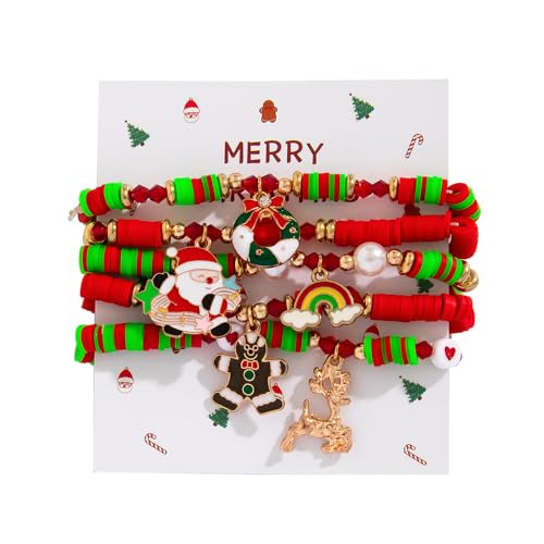 FDEETY 5 Stück Weihnachtsthema Armband Set Bunte Scheiben Perlenarmband Elastisch Winterfest Schmuck Damen Accessoires Weihnachtsmotiv Anhänger Armschmuck von FDEETY