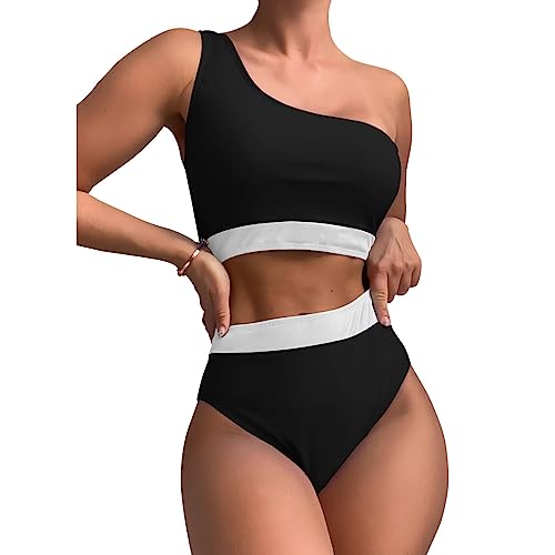 FDEETY Damen Bikini Set Farbblock One Shoulder Breites Unterbrustband Asymmetrische Bademode High Waist Push Up Bauchweg Schwimmanzug Triangel Swimsuit Zweiteiliger Badeanzug(Schwarz/L) von FDEETY