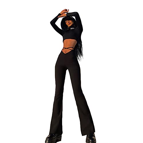 FDEETY Damen High Waist Cut Out Hose Ladder Bootcut Strukturierte Flare Pants Wide Leg Night Out Hose von FDEETY