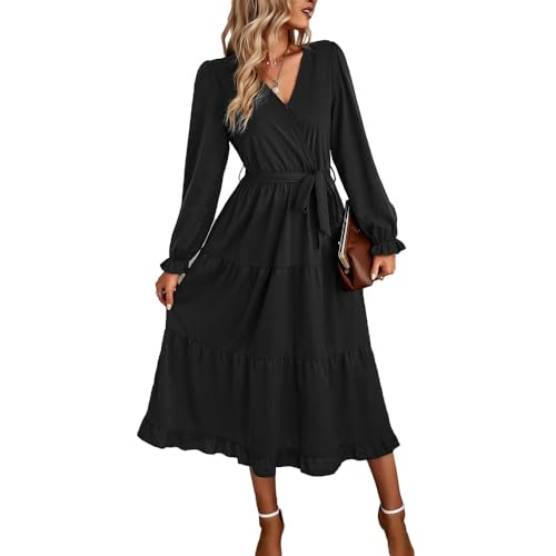 FDEETY Damen Kleider Langarm Elegant V-Ausschnitt Bodycon Lang A Linie Freizeitkleider Partykleid Clubkleid Tägliche Kittel (Schwarz,M) von FDEETY