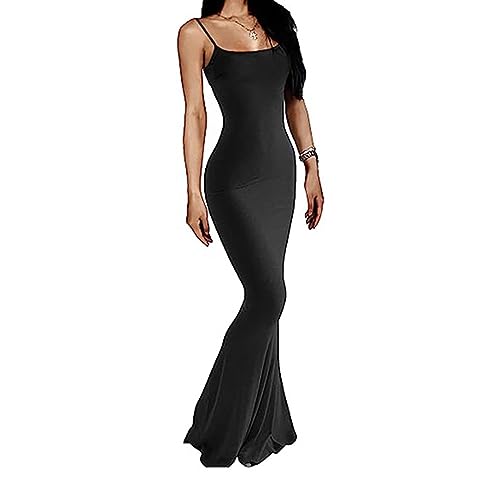 FDEETY Damen Langes Kleid Sexy Elegant Ärmellos Figurbetontes Maxikleid Fischschwanzkleider Cocktailkleid Abendkleid Partykleid Sommerkleid(Schwarz/M) von FDEETY