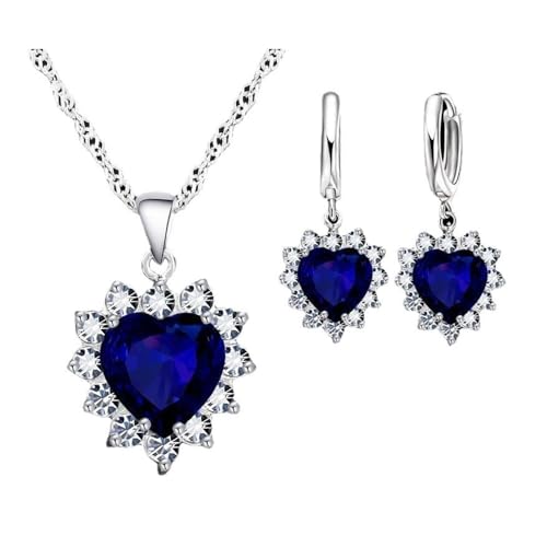 FDEETY Damen Schmuckset Herz Kristall Anhänger Halskette Ohrringe Set für Frauen Mädchen Brautschmuck Set Schmuckset (Blau) von FDEETY