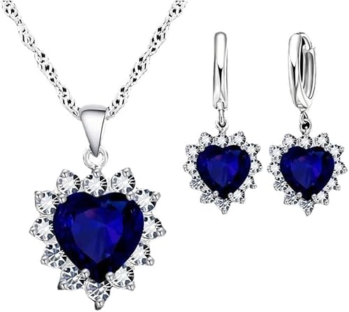 FDEETY Damen Schmuckset Herz Kristall Anhänger Halskette Ohrringe Set für Frauen Mädchen Brautschmuck Set Schmuckset (Blau) von FDEETY