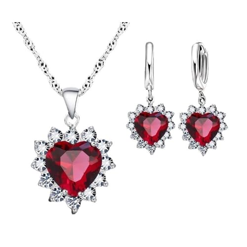 FDEETY Damen Schmuckset Herz Kristall Anhänger Halskette Ohrringe Set für Frauen Mädchen Brautschmuck Set Schmuckset (Rot) von FDEETY