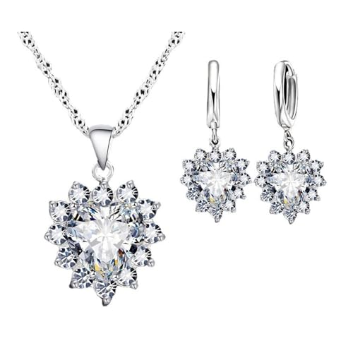 FDEETY Damen Schmuckset Herz Kristall Anhänger Halskette Ohrringe Set für Frauen Mädchen Brautschmuck Set Schmuckset (Weiß) von FDEETY