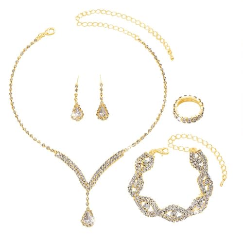 FDEETY Damen Schmuckset Kristall Strass Anhänger Halskette Armreif Ohrring Ringe Set Abschlussball Brautparty Brautjungfer Schmuckset(Gold) von FDEETY