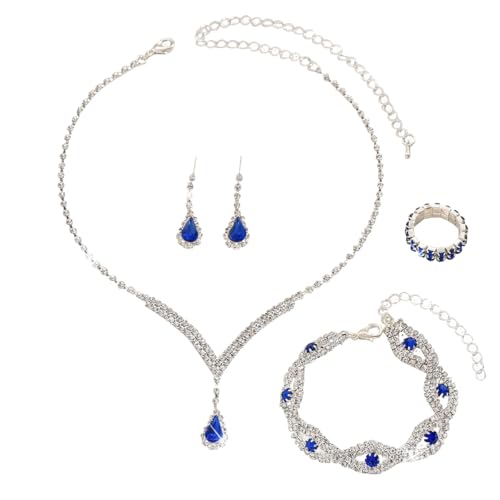 FDEETY Damen Schmuckset Kristall Strass Anhänger Halskette Armreif Ohrring Ringe Set Abschlussball Brautparty Brautjungfer Schmuckset(Saphirblau) von FDEETY