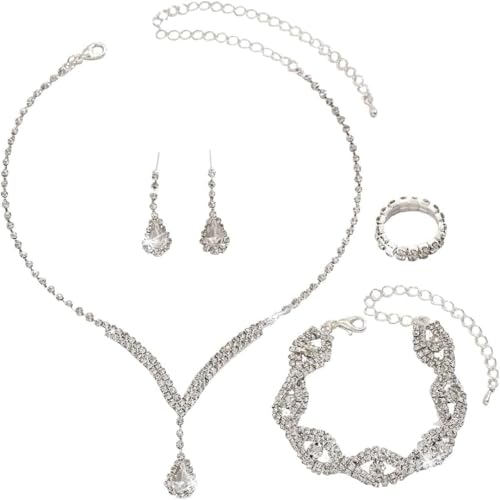 FDEETY Damen Schmuckset Kristall Strass Anhänger Halskette Armreif Ohrring Ringe Set Abschlussball Brautparty Brautjungfer Schmuckset(Weiß) von FDEETY