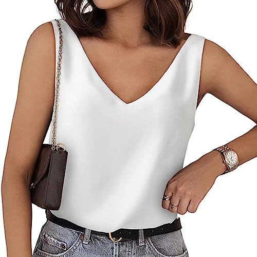 FDEETY Damen Tank Top Strap Basic Cami Sommer Weste Shirt Lässiges V-Ausschnitt Cami Ärmellose Lose Blusen (Weiß/S) von FDEETY