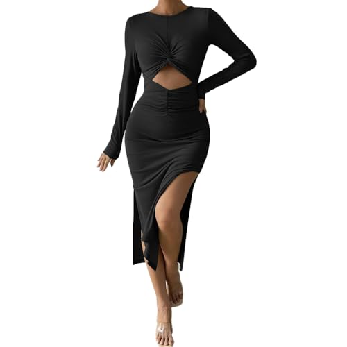 FDEETY Damenkleider Sexy langärmelig Cutaway Split Bodycon Wickelkleid Bleistiftkleid Cocktail Party Clubkleid Abendkleider (Schwarz,XL) von FDEETY