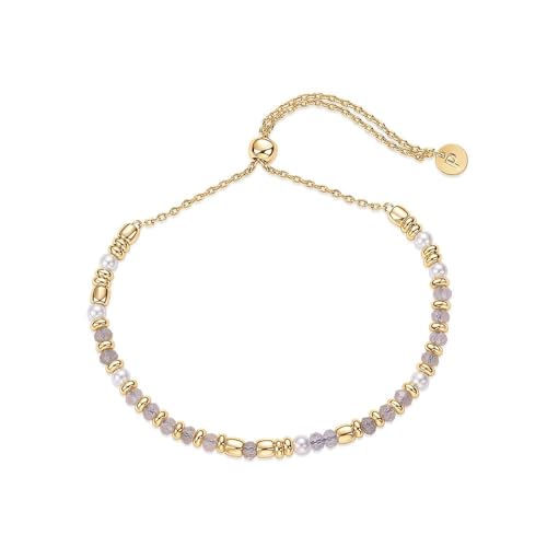 FDEETY Edelstein Perlen Armband für Frauen Goldene Perlen Armbänder Echtes Naturstein Armband Stapelarmbänder Verstellbare Armkette Eleganter Alltagsschmuck Als(Weiß) von FDEETY