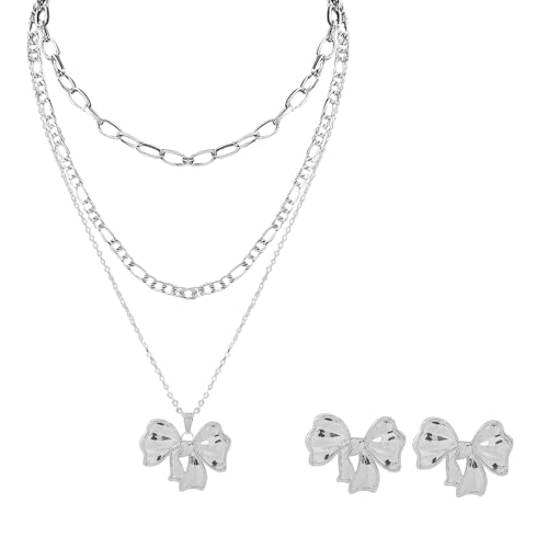 FDEETY Elegantes Schmuckset für Frauen Goldene Schleifen Halskette und Ohrringe Perfekt für Abendkleider und Hochzeiten(Silber) von FDEETY