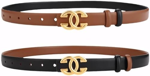 FDEETY Doppelseitiger Ledergürtel Elegante Metallschnalle Damengürtel 110cm Klassischer Taillengürtel Verstellbarer Schmaler Gürtel von FDEETY