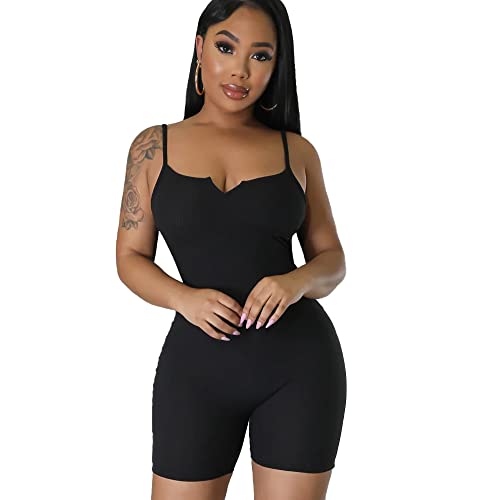 FDEETY Jumpsuit Damen Kurz Einteiler One Piece Bodysuit Sexy Stretch Tank Top Sommer Yoga Kurz Ärmellos Workout Sport Romper Outfits L von FDEETY