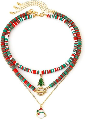 FDEETY Kette Layered Damen Bunte Perlenkette Weihnachten Anhänger Kette Handgefertigt Perlenkette Zarte Mehrreihige Halskette Hypoallergene Weihnachtsschmuck Geschenk von FDEETY