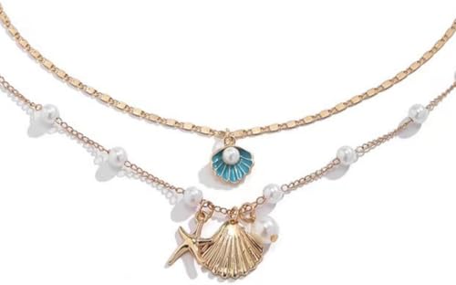FDEETY Muschel Anhänger Halskette Mehrschichtig Damen Schmuck Perlenkette Meeresschmuck Seestern Muschelkette Maritim Schmuckset Goldkette Sommerschmuck von FDEETY