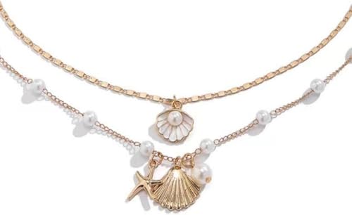 FDEETY Muschel Anhänger Halskette Mehrschichtig Damen Schmuck Perlenkette Meeresschmuck Seestern Muschelkette Maritim Schmuckset Goldkette Sommerschmuck von FDEETY