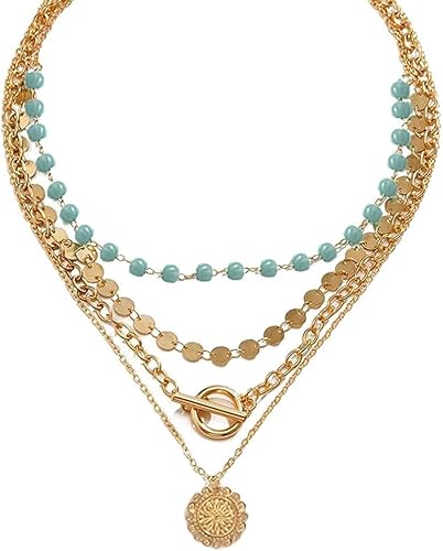 FDEETY 4lagige Mehrreihige Halskette Türkis Perlen Münzen Anhänger Vintage Boho Schmuck Damen Kette Mehrschichtig Goldfarben von FDEETY
