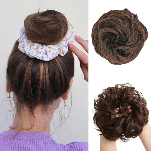 FDEETY Messy Bun Haarteil mit Gummiband Lockiges Synthetisches Dutt Haarteil Haarverlängerung Hochsteckfrisur Haarschmuck für Damen Haargummi mit Haaren (Hellbraun) von FDEETY