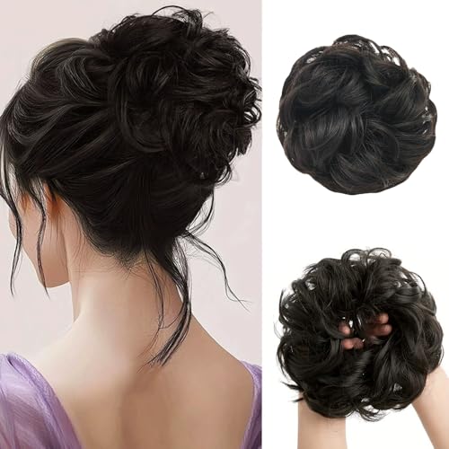 FDEETY Messy Bun Haarteil mit Gummiband Lockiges Synthetisches Dutt Haarteil Haarverlängerung Hochsteckfrisur Haarschmuck für Damen Haargummi mit Haaren (Schwarz Braun) von FDEETY