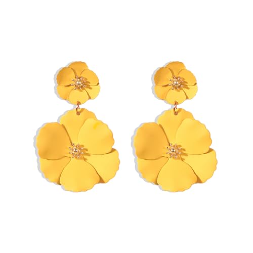 FDEETY Ohrringe Böhmische Doppelt Blumen Tropfen Ohrringes Matte Blume Lange Ohrstecker Leicht Vintage Schmuck für Frauen Und Mädchen Bräute Brautjungfern Hochzeit Prom(Gelb) von FDEETY