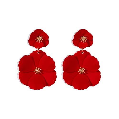 FDEETY Ohrringe Böhmische Doppelt Blumen Tropfen Ohrringes Matte Blume Lange Ohrstecker Leicht Vintage Schmuck für Frauen Und Mädchen Bräute Brautjungfern Hochzeit Prom(Rot) von FDEETY