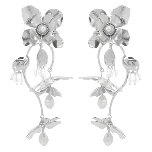 FDEETY Blütenform Vintage Ohrringe Lange Perlenohrhänger Metallblumen Schmuck Handgefertigt Damenohrringe Elegante Ohrstecker von FDEETY