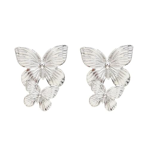 FDEETY Doppel Schmetterling Ohrringe Silber Glänzend Statement Schmuck Groß Auffällig Stilvoll Ohrhänger Damen Elegant Accessoire von FDEETY
