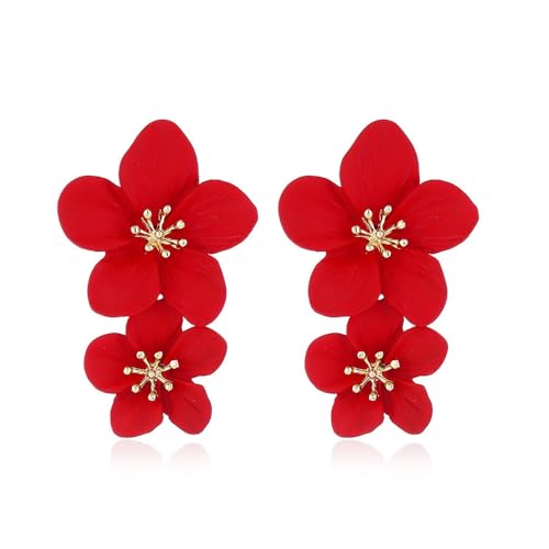 FDEETY Ohrringe Mode Doppelschichtige Blumen Tropfen Ohrringe Böhmische Blume Ohrringe Übertriebene Blumenohrringe Modeschmuck für Damen (Rot) von FDEETY