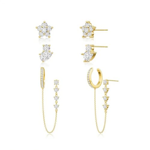 FDEETY 3 Paar Stern Blumen Ohrstecker Ohrringe Set Zirkonia Kette Creolen Damen Schmuck 14k Vergoldet Hypoallergen Wasserfest Elegant von FDEETY