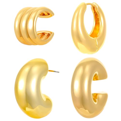 FDEETY 4 Stück Geometrische Ohrklemmen Set Mehrschichtige Ohrmanschetten Dicke Creolen Ohrringe Schmuckset Damen Elegant von FDEETY