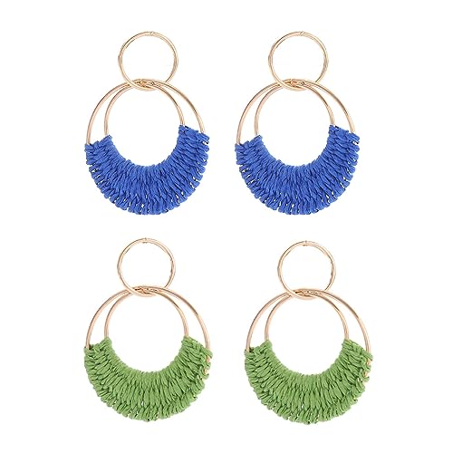 FDEETY Bohemian Raffia Ohrringe - Handgefertigte Stroh Wicker Rattan Hoop Ohrringe für Damen (Blau + Grün) von FDEETY