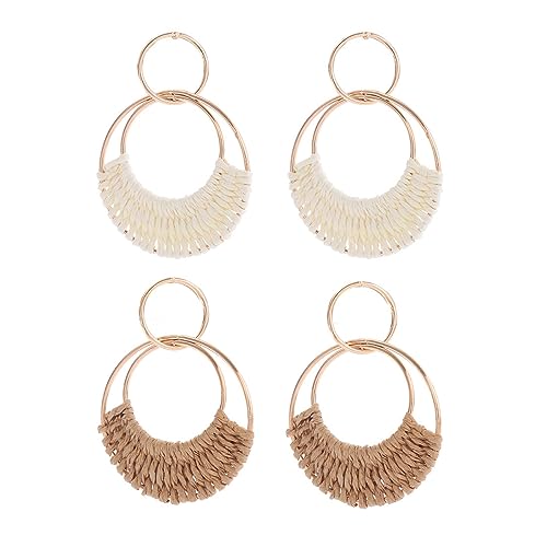 FDEETY Ohrringe für Damen Bohemian Raffia Hoop baumeln Ohrringe Hand gefertigte Stroh Wicker Rattan Ohrringe Runde Ohrringe (Weiß + Khaki) von FDEETY