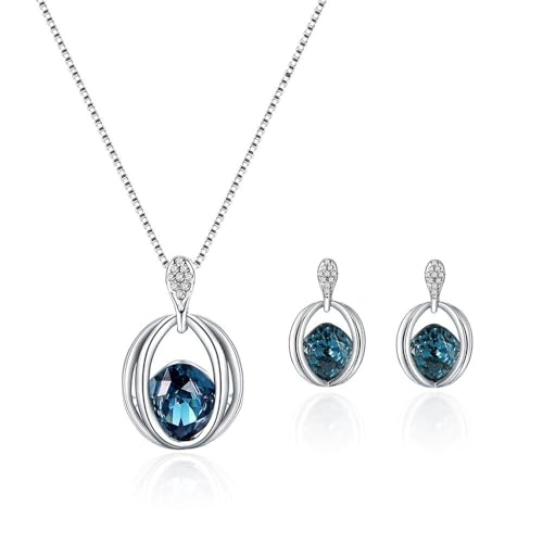 FDEETY Schmuck Schmuckset Damen Kristall Anhänger Halskette und Ohrring Set Brautschmuck Hochzeit Set Hochzeitsschmuck Blau von FDEETY