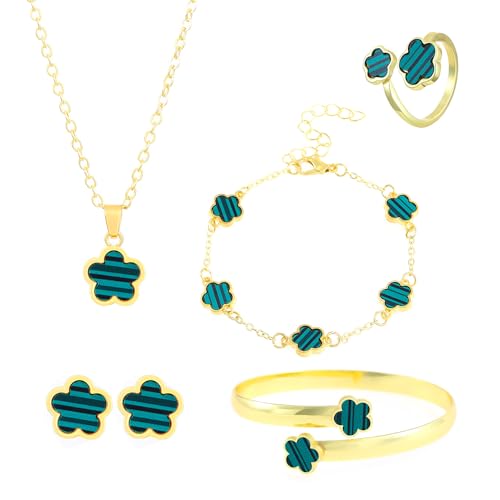 FDEETY Schmuck Set Glückliches Fünfblättriges Kleeblatt Legierung Schmuckset 5 Pcs Ring Ohrringe Armbänder Halskette ideal für Geschenke Besondere Anlässe und Frauen（Grün） von FDEETY