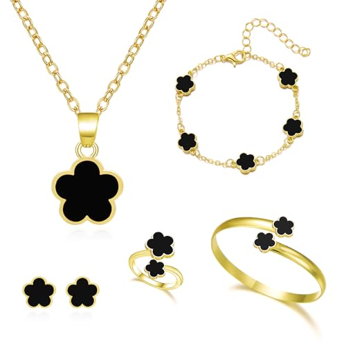 FDEETY Schmuck Set Glückliches Fünfblättriges Kleeblatt Legierung Schmuckset 5 Pcs Ring Ohrringe Armbänder Halskette ideal für Geschenke Besondere Anlässe und Frauen（Schwarz） von FDEETY