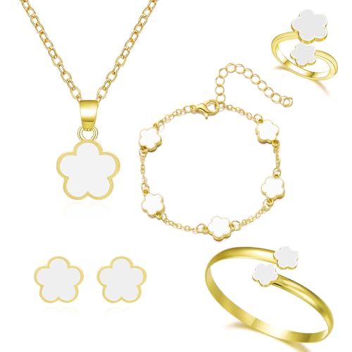 FDEETY Schmuck Set Glückliches Fünfblättriges Kleeblatt Legierung Schmuckset 5 Pcs Ring Ohrringe Armbänder Halskette ideal für Geschenke Besondere Anlässe und Frauen（Weiß） von FDEETY