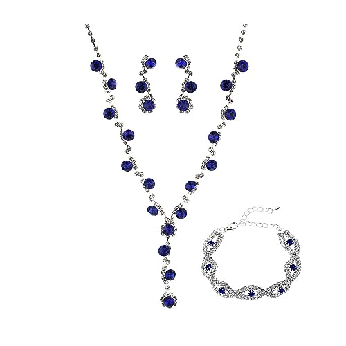 FDEETY Schmuckset Damen Braut Strass Halskette Ohrringe Armbänder Sets Brautjungfer Schmuckset Geschenk Brautschmuck Hochzeit für Braut Brautjungfer (Blau) von FDEETY