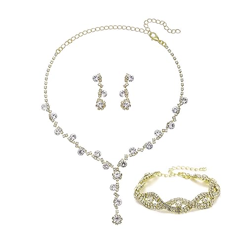 FDEETY Schmuckset Damen Braut Strass Halskette Ohrringe Armbänder Sets Brautjungfer Schmuckset Geschenk Brautschmuck Hochzeit für Braut Brautjungfer (Gold) von FDEETY