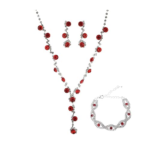 FDEETY Schmuckset Damen Braut Strass Halskette Ohrringe Armbänder Sets Brautjungfer Schmuckset Geschenk Brautschmuck Hochzeit für Braut Brautjungfer (Rot) von FDEETY