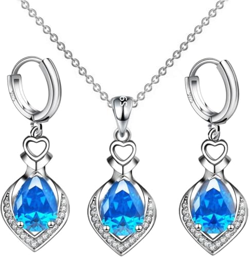FDEETYHerzform Tropfen Schmuckset Halskette Ohrringe Kristall Zirkonia Silber Damen Schmuck Anhänger Kette Creolen von FDEETY
