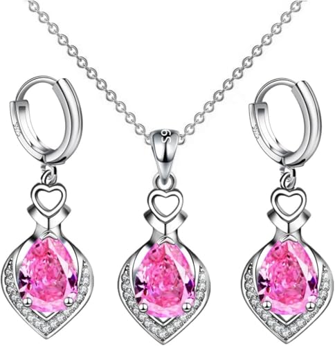 FDEETYHerzform Tropfen Schmuckset Halskette Ohrringe Kristall Zirkonia Silber Damen Schmuck Anhänger Kette Creolen von FDEETY