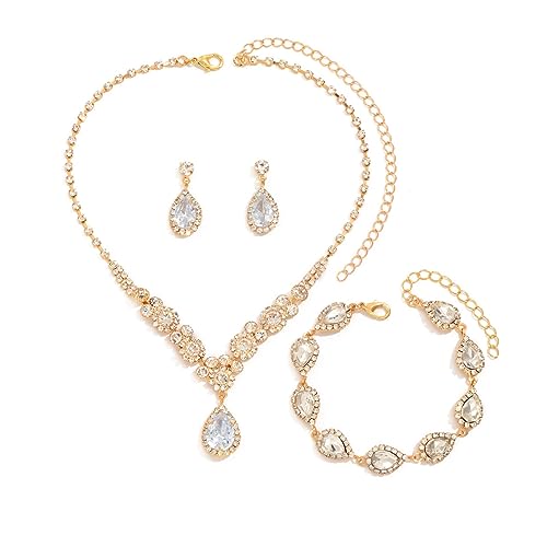 FDEETY Schmuckset Damen Brautschmuck Schmuck Hochzeit Set Hochzeitsschmuck Braut Strass Kristall Halskette Armband Anhänger Ohrring Set Kostüm Schmuck Set Braut Hochzeit Party (Gold) von FDEETY