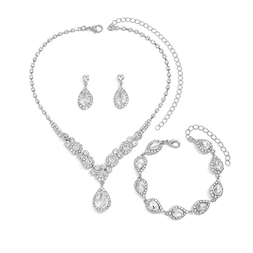 FDEETY Schmuckset Damen Brautschmuck Schmuck Hochzeit Set Hochzeitsschmuck Braut Strass Kristall Halskette Armband Anhänger Ohrring Set Kostüm Schmuck Set Braut Hochzeit Party (Silber) von FDEETY