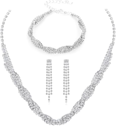 FDEETY Schmuckset Damen Brautschmuck Schmuck Hochzeit Set Hochzeitsschmuck Braut Strass Kristall Halskette Armband Anhänger Ohrring Set Kostüm Schmuck Set Braut Hochzeit Party (Silber-1) von FDEETY
