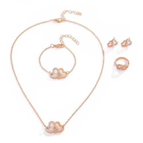 FDEETY Schmuckset Damen Doppelt Herz Kristall Anhänger Halskette Ohrstecker Armband Ringe Schmuck Set Brautschmuck Geschenke für Mädchen Hochzeit Engagement Party (Roségold) von FDEETY