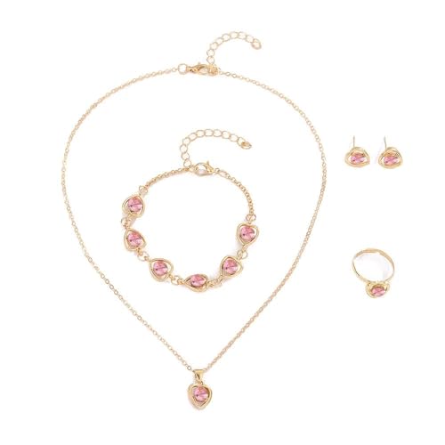 FDEETY Herzförmige Kristall Schmuckset Halskette Armband Ohrringe Ring Elegant Damen Schmuck Klassisch Juwelenkollektion Luxuriös Glänzend (Rosa) von FDEETY