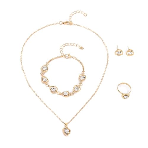 FDEETY Herzförmige Kristall Schmuckset Halskette Armband Ohrringe Ring Elegant Damen Schmuck Klassisch Juwelenkollektion Luxuriös Glänzend (Weiß) von FDEETY